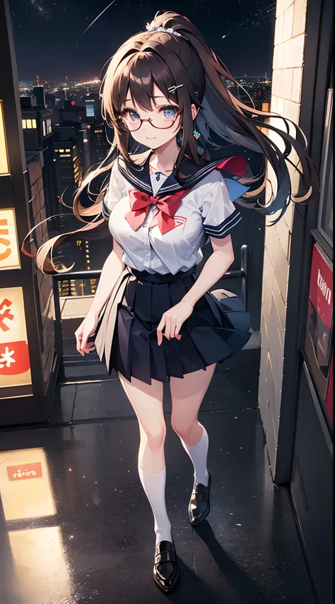 ((masterpiece)), ((best quality)), (ultra-detailed), ((kawaii)), cute, (lovely), ((extremely detailed)), 4K, (8K), best quality, (beautiful), anime style, look down from above, full body focus, city, Tokyo Shibuya town, night, Starry sky, a cute girl, 1gir...