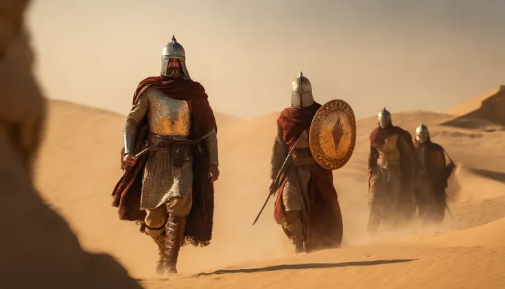 (best quality,4k,8k,highres,masterpiece:1.2),ultra-detailed,(realistic,photorealistic,photo-realistic:1.37),arabian warrior,man,shield,sword,sand desert,bearded,strong,confident,medieval attire,golden armor,ornate patterns,detailed embroidery,sand dunes,du...