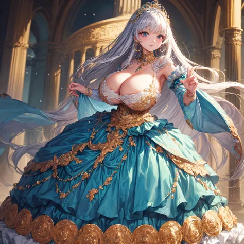 (masterpiece, best quality,extremely detailed:1.1),(moe anime art style:1.2),1girl,full body, ((solo)), cute, kawaii,digital art,((1 bling-bling anime princess wearing beautiful embroidery and jeweled ruffled gorgeous princess ballgown with voluminous full...