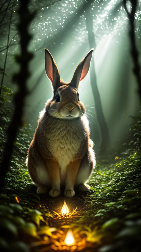 Close up photo of a rabbit in enchanted forest, late night, in the forest, backlight, fireflies, volumetric fog, halo, bloom, dramatic atmosphere, center, rule of thirds, 200mm 1.4f macro shot