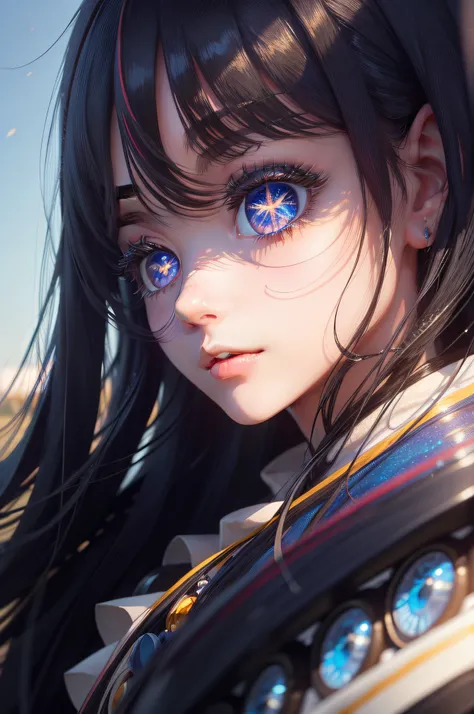 ​masterpiece、top-quality、beautiful young woman with、shiny blue eyes、(Detailed pupils:1.2)、eye lashes、Beautiful bright black hair、striated hair、multi colored、Medium hair、face perfect、detaileds、idol、