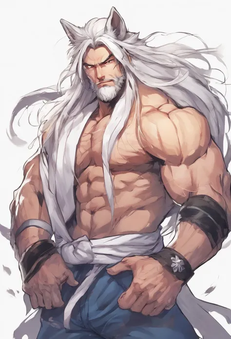 male with wolf ears and a wolf tail, long white hair with flowing long locks, has light beard, shirtless, wearing fingerless gloves, wearing worn jeans, is sweaty