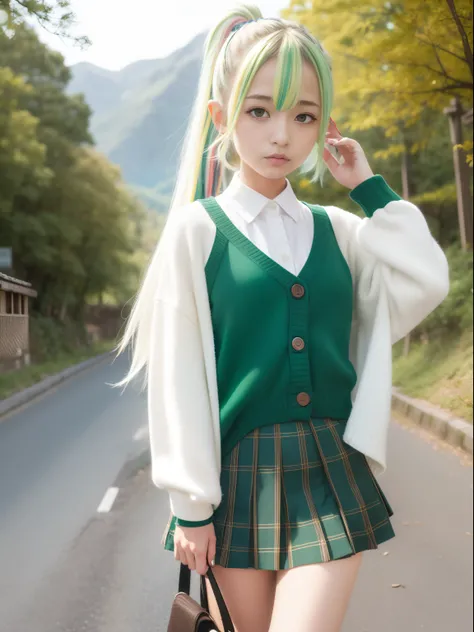 masutepiece , Best Quality,Nahida(GenshinImpact) ,1girl in , tiny chest,Long hair ,Side Ponytail, Hair Ornament , White hair , Green hair , hand behind head:1.5,multicolored hair, elf , pointy ear , School uniform , Skirt ,Cardigan,mountain road , Street,l...