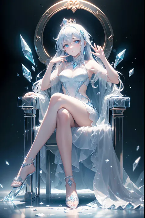 tmasterpiece，best qualityer，super detailing，The lighting effect of the movie version，illumination，flashing，1girll,queen sits on  chair，chair is made of ice，beautiful face, left eye glow blue light，long  white hair，Indifferent expression，No shoes，Show the s...