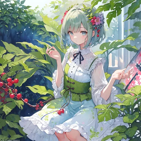 ((super detailed), #3b4195背景, beautiful flowers, berries, ferns, leaves, watercolor pattern of calming colors), (watercolor texture), ((1 girl), short hair, cute,