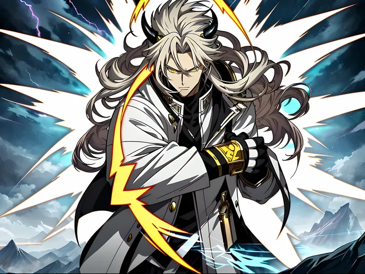 White long-haired anime character, Yellow eyes stand in front of Lightning，White clothes， Detailed key anime art, Key anime art, detailed anime character art,  handsome guy in demon killer art, full art,  high detailed official artwork, anime artsyle, offc...