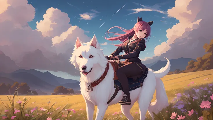 Anime girl riding a white dog in a field with a sky background, Guweiz, by Yang J, Anime cover, by Shitao, Guweiz-style artwork, Guweiz at Pixiv Art Station, by Leng Mei, by Zeng Jing, Author: Liang Kai, Kavasi, Guweiz on ArtStation Pixiv --auto --s2