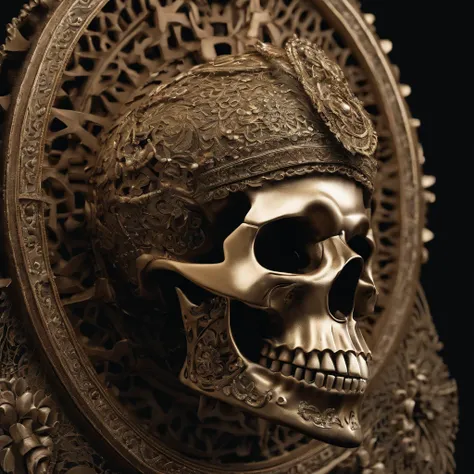 There is a huge wooden beauty skull，There are intricate patterns on it, made of intricate lace skeleton, intricate skeletal decorations, intricate digital artwork, Thomas Villatte is intricate, intricate 3 d sculpture, Beautiful bones and body structure, m...