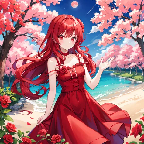 Wavy red hair、red eyes、Beautiful girl alone、Bright red dress、Bright red rose garden、a moon、cherry trees