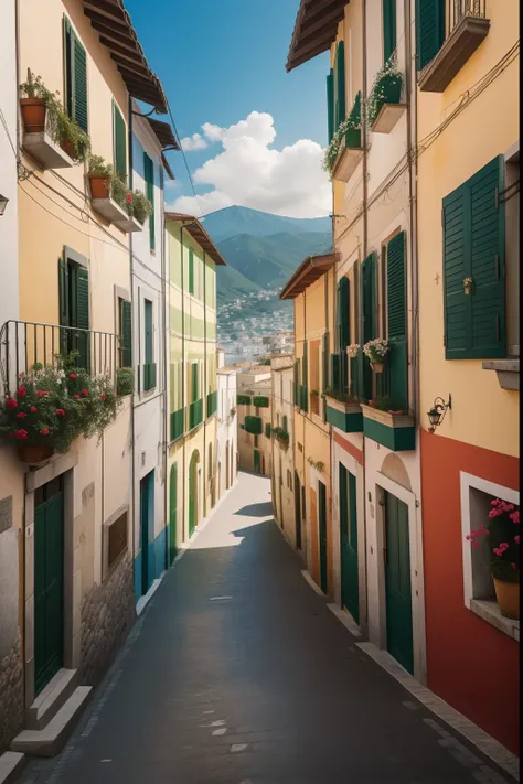 Make a realistic image of Vico Equense, a small Italian town in the Campania region, province of Naples, foto realista de 1860, Colors of the Season