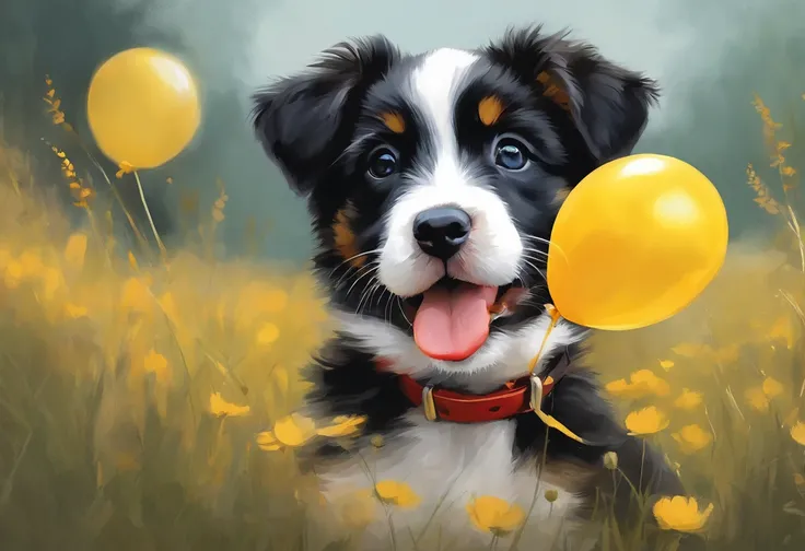 A beautiful black and white puppy, with soft watercolor strokes, clutching a vibrant yellow balloon, floating slightly above a meadow, style: whimsical and serene, colors: earthy browns, vibrant red, vibrate orange, vibrant yellow and muted greens of the m...