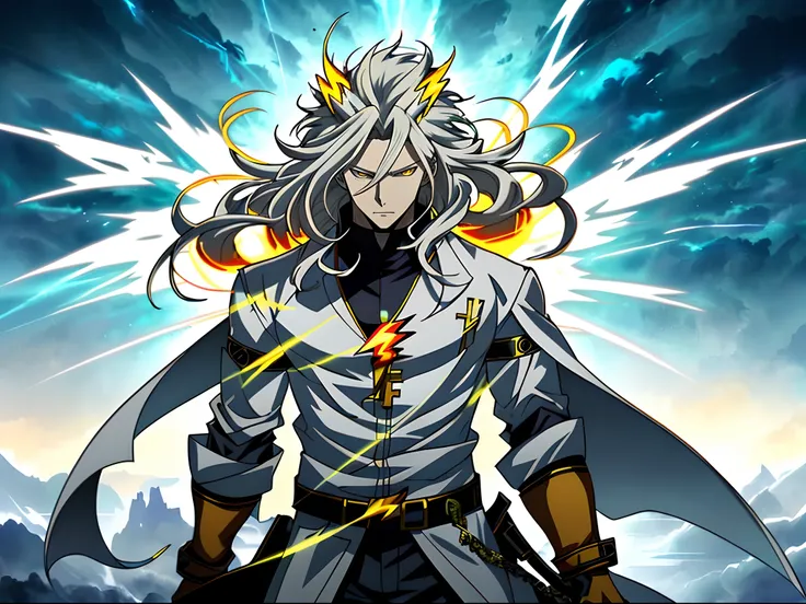 White long-haired anime character, Yellow eyes stand in front of Lightning，White clothes， Detailed key anime art, Key anime art, detailed anime character art,  handsome guy in demon killer art, full art,  high detailed official artwork, anime artsyle, offc...