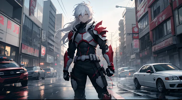 Anime boy ,4k ultra realistic, wallpaper 8k , glowing eyes,8k amine image, white hair, looking through a broken glass, 8k hyper realistic, standing in a fighting position, raining, wearing a Red armour, blue tone, long hair, in a city, 8k , hyper realistic...