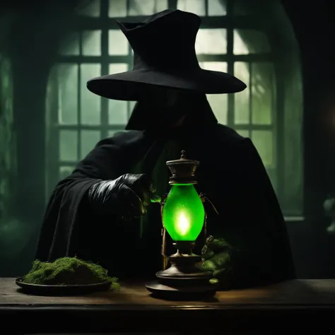 "A plague doctor with a dark mask and an ancient costume, Holding a mysterious potion in his gloved hands, in a dark and enigmatic laboratory. Ao fundo, um aura sinistra de cor verde fulgurante e venenosa, emanando raios de luz. Ao seu lado, A small green ...