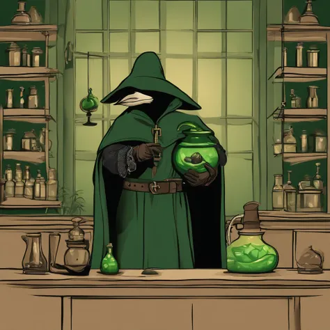 "A plague doctor with a dark mask and an ancient costume, Holding a mysterious potion in his gloved hands, in a dark and enigmatic laboratory. Ao fundo, um aura sinistra de cor verde fulgurante e venenosa, emanando raios de luz. Ao seu lado, A small green ...