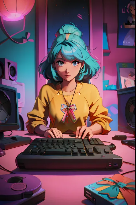 Theres a woman sitting at a computer desk with a keyboard, estilo anime 4K, estilo anime. 8k, Cyber Escola Menina, Digital anime illustration, anime estilo 3d, 8 0 s vibe anime, menina lofi, Elogio Artstyle, deviantart artstation cgscosiety, Retrato Lofi, ...