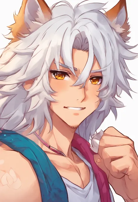 male with wolf ears and a wolf tail, long white hair with flowing long locks, has light beard, shirtless, wearing fingerless gloves, wearing worn jeans, is sweaty