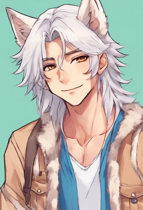 male with wolf ears and a wolf tail, long white hair with flowing long locks, has light beard, shirtless, wearing fingerless gloves, wearing worn jeans, is sweaty