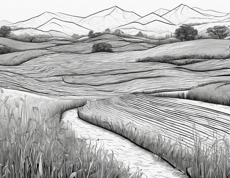 ・ a rice field with people working, plano aberto, rascunho, pencils, Make the most of the edges of the screen to place cyberpunk and other items reminiscent of a technical college。Make each line clear so its easy to clean later ・ The color is in shades of ...