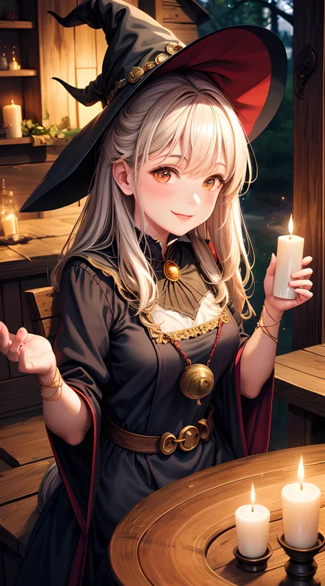 an artwork of a beautiful witch in a classic witchs outfit, smiling playfully in her rustic wooden house. Candlelight and mystical elements add a magical atmosphere to the scene, blending enchantment with coziness