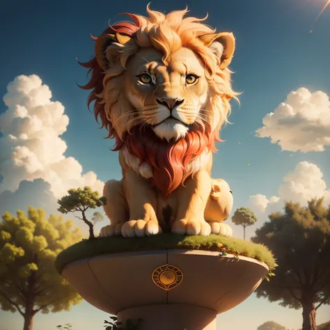 A super cute little lion facing a beautiful solar tree