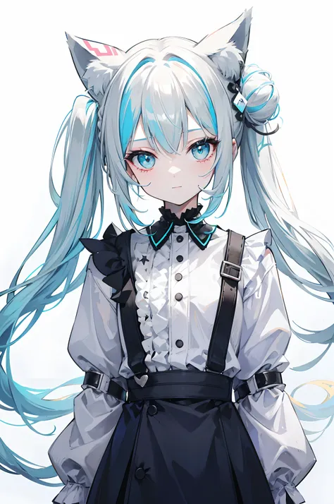 a 1girl, small cat ears, gray blonde hair, hair up to the shoulders, hair in a bun, Cyan eyes, hairpin on the hair, On the back of the hair is blue, multi-colored hair, ssmile, gaze at the viewer, Vokoloids clothes, Pastel colors, Half-body, Adult girl, tr...