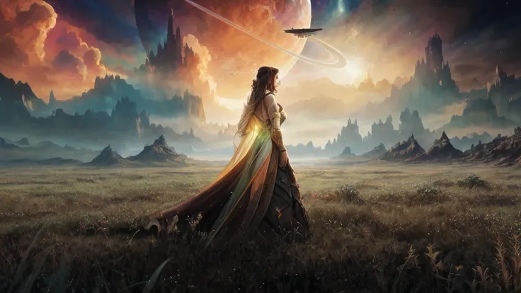 Woman in a long dress standing in a field with a spaceship in the background, Arte de fantasia 8k, epic scifi fantasy art, Arte de fantasia 8k, epic fantasy sci fi illustration, elegant cinematic fantasy art, bela arte de fantasia, sci-fi fantasy wallpaper...