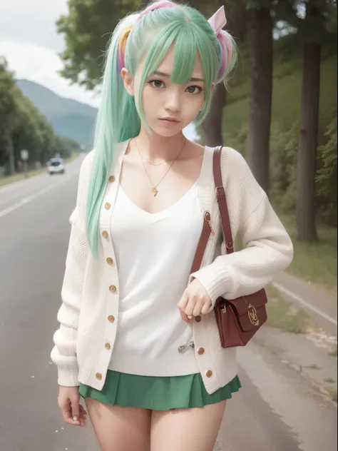 a 18 year old girl,masutepiece , Best Quality,Nahida(GenshinImpact) ,1girl in , tiny chest,Long hair ,Side Ponytail, Hair Ornament , White hair , Green hair , hand behind head:1.5,multicolored hair, elf , pointy ear , School summer clothes , Wearing a mini...