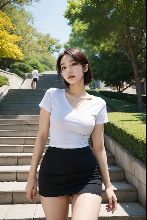 {
"scene": {
"location": "a park",
"angle": "from below",
"character": {
"type": "human",
"gender": "female",
"age": "college student:1.5",
"clothing": "miniskirt, V-neck T-shirt with a low-cut chest"
}
},
"action": {
"actionCharacter": "the character",
"a...