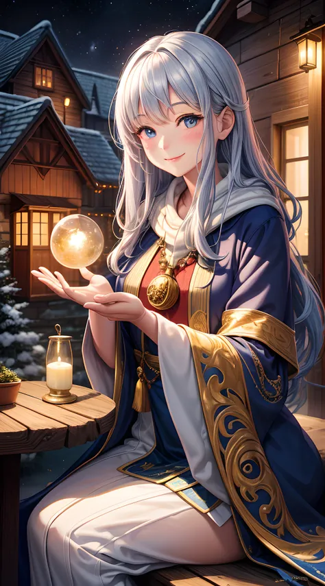 an artwork of a beautiful wizard, dressed in elegant wizard attire, smiling warmly in front of a charming wooden cottage. Soft, warm lighting bathes the scene in a cozy, magical glow