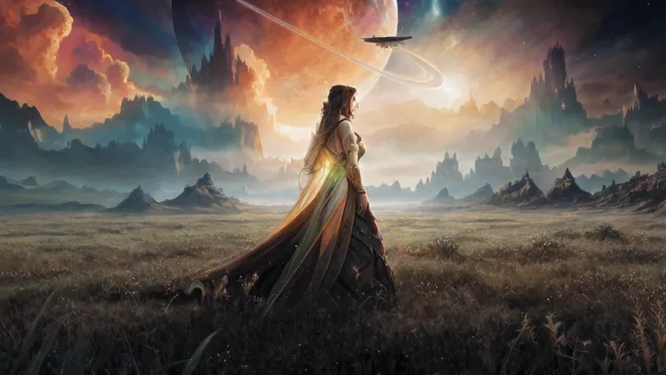 Woman in a long dress standing in a field with a spaceship in the background, Arte de fantasia 8k, epic scifi fantasy art, Arte de fantasia 8k, epic fantasy sci fi illustration, elegant cinematic fantasy art, bela arte de fantasia, sci-fi fantasy wallpaper...