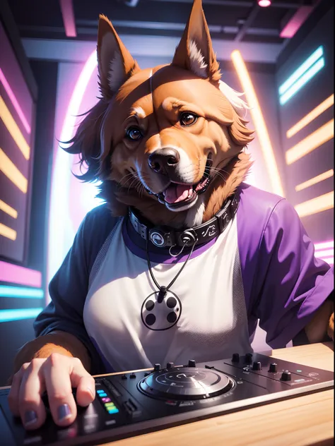 Dog DJ，Dog playing DJ set, furry artist, furry digital art,, Dog as DJ, dj at a party, personal profile picture ,