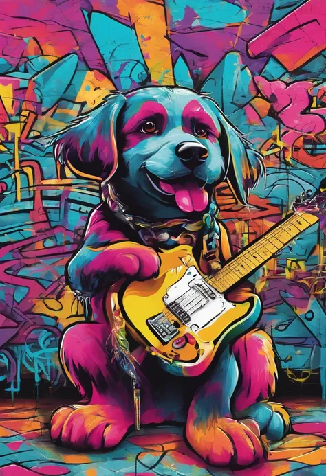 Rock puppy，Rock music，plays the guitar，DJ，o cachorrinho，hippy，full bodyesbian，pointy footwear，ball room，crowd of，Focus on the puppy，OC renderer