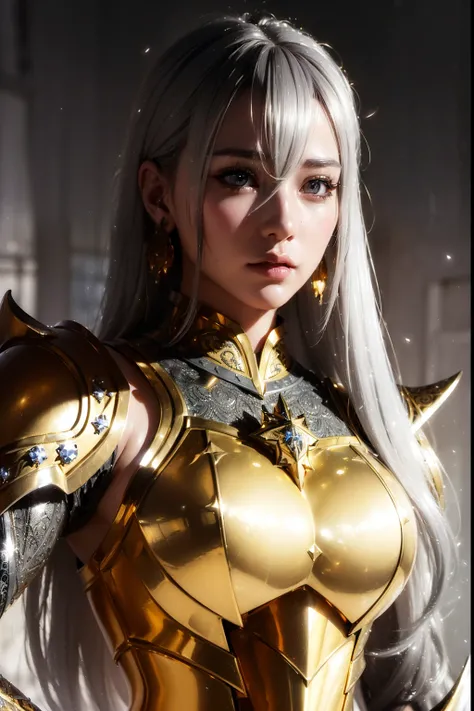 (masterpiece), best quality, (((in hyper realistic and detailed fantasy gray and golden armor, aethereal aesthetic style))) beauty korean idoll, intricate perfect beauty face, detailed sharp expressive eyes, hyper realistic and detailed white hair, (((from...