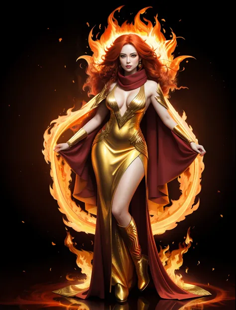 a woman with a long flaming red hair and a scarf, beautiful full body concept art, a stunning portrait of a goddess, appears as the fire goddess,  extremely high detail,  swirling fire, molten gold, golden dress, pale skin