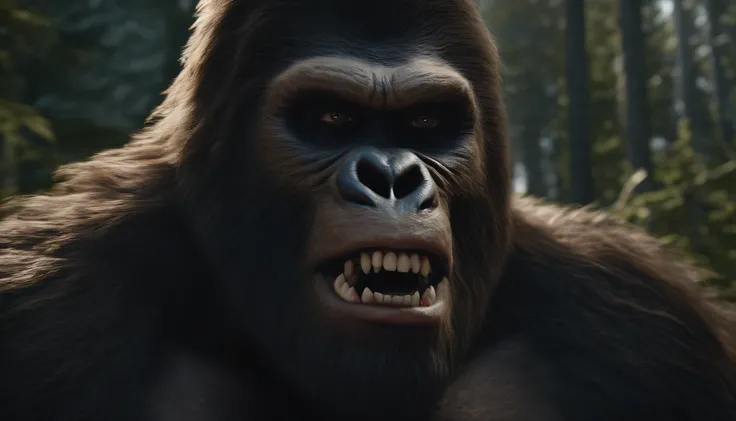 photorealistic, Bigfoot with human eyes and sharp teeth, UHD, 8k