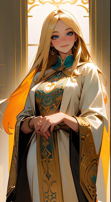 ((masterpiece,ultra-detailed, intricate details, best quality,illustration)),1girl, solo, highres, looking at viewer, blue eyes, blonde hair, long hair, tall, smiling, wearing a tunic (peplos) and a cloak (himation), in Ancient Greece, loving, sunlight shi...