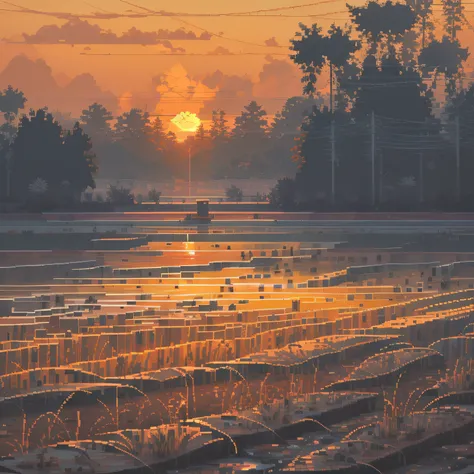 ricefield，tano，the sunset。hazy，pix，pixelart