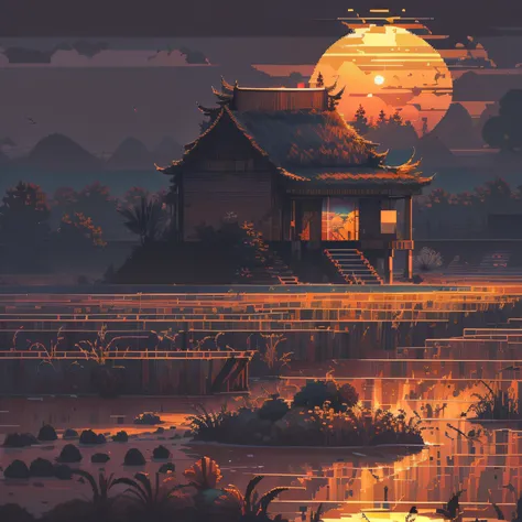 ricefield，tano，the sunset。hazy，pix，pixelart