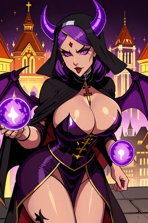 Lisa Ann: The evil nun, Demon horn, Demon wings on the head , sexy robe de nonne, His hands preparing a sphere of purple energy, diabolique, insidieux, His powerful magic hits the buildings of a city , Context of the Satanic Church, detailled eyes, detaile...