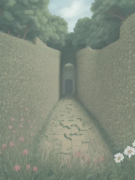 In the maze　High walls in the passage　Flowers with spines　picture book-style　illustratio