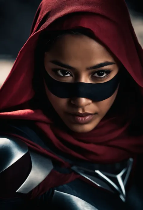 Compose a striking photography artwork featuring a Malay girl in hijab dressed as a superhero, wielding a blade as her weapon, caught in an intense and dynamic fighting action pose. Utilize dramatic lighting and high-speed photography techniques to freeze ...