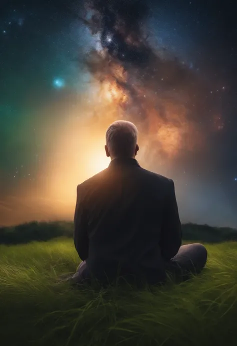 A person in prayer and in tune with God in the grass and with the sky full of galaxies image in 4k and realistic