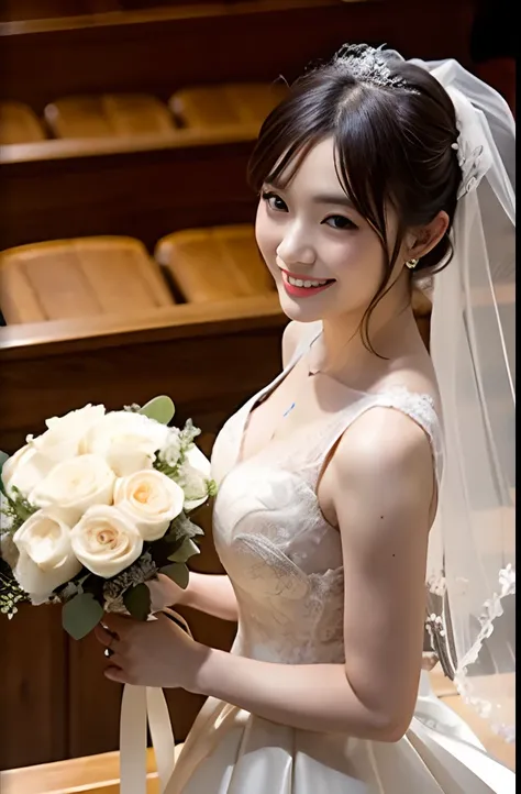 downbrouse、(Detailed Wedding Dresses:1.2)、(realisitic、Photorealsitic、ultra-detailliert、Highest Details Skins、top-quality、​masterpiece、超A high resolution)、Realistic skin type、japanes、23years old、Very pretty girl、short-cut、Shot from above、outside church、shot...