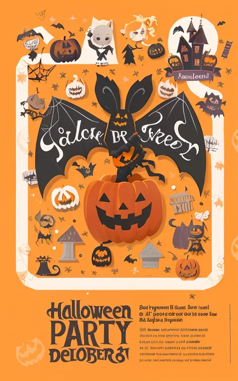 Halloween party flyer template with pumpkin and bat, halloween art style, Trick or Treat, halloween celebration, stock illustration, halloween theme, halloween wallpaper with ghosts, Halloween movies, illustrated poster, halloween atmosphere, header text”,...