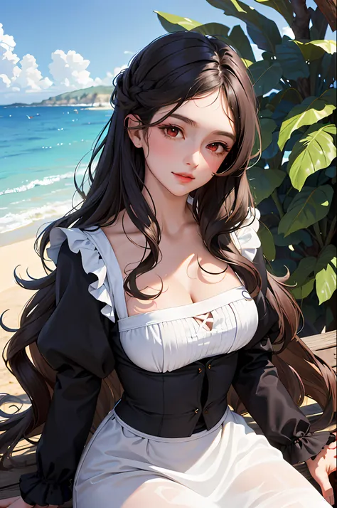 (masterpiece:1.2, best quality), (30 years old,solo, upper body:1.2), Clothing: maid attire, ((conservative attire)), Hair: loose beach waves, Makeup: natural, glowing skin, behavior: relaxed, carefree, free-spirited, location: beach, resort, sleeping agai...