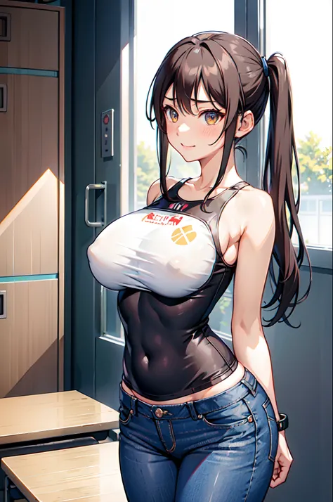 realistisch, Tapete, 1girls, nur, Hinata_Natsumi, Rote Augen, rotes Haar, twintails, Cowboy erschossen, smil,
Enges tanktop,skinny jeans Klassenzimmer, Schreibtisch, Stuhl,big Boobs, arms behind back,Breasts pressed together