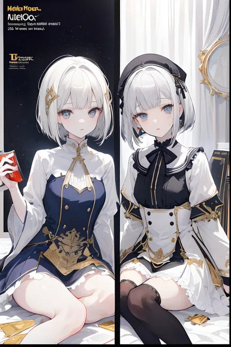 (masuter piece,Best Quality,Ultra-detailed), (A detailed face), hight resolution, ((twinsies)), 2girls, (front-facing view), White hair, (gray hair with bangs), (bob cuts), Two-tone hair, Gold Eye, Girls School Uniforms, Red ribbons,White socks, (Beautiful...