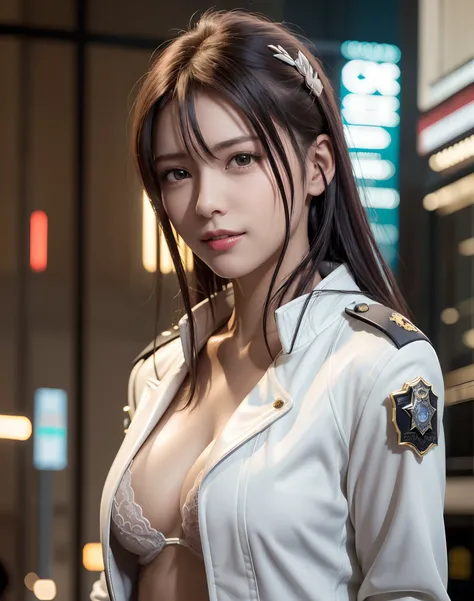 Portrait of Embhuhaiz, Beautiful face, Sauvage with medium cut、in cyberpunk city at night. She wears a white leather open jacket,lingerie, Dramatic Lighting, (police badge:1.2).Sexy female policeman、Sexy smile