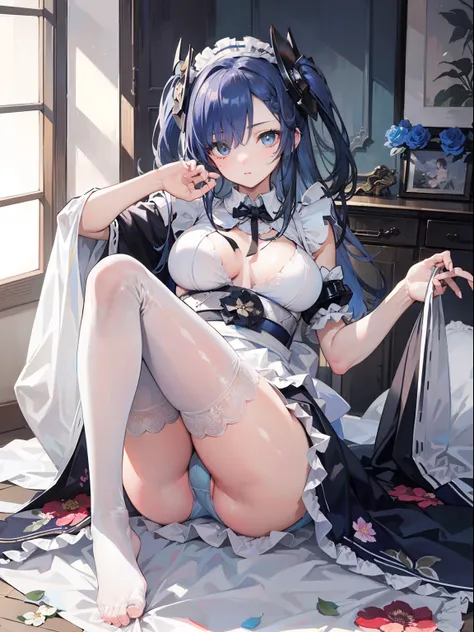 Best Quality, (Extremely detailed: 1.5), masutepiece, 超A high resolution,(photographrealistic:1.4), 1 girl, Cowboy Shot, (G-string underwear:1.4), (Wear battle armor:1.6), (Floral light blue kimono:1.6), (maid:1.6), Light blue maid micro skirt, Light blue ...